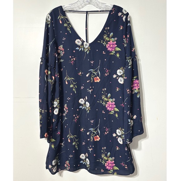 C Wonder Dresses & Skirts - C Wonder Floral Mini Dress Womens Navy Blue Bell Sleeve Boho V-Neck M
